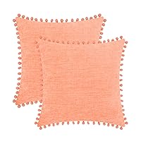 CaliTime Throw Pillow Cases Pack of 2 Cozy Solid Dyed Soft Chenille Cushion Covers with Pom Poms for Couch Sofa Home Decoration 22 X 22 Inches Cantaloupe
