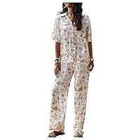 Verdusa Women's 2 Piece Outfits Button Down Shirt Top and Loose Pant Sets