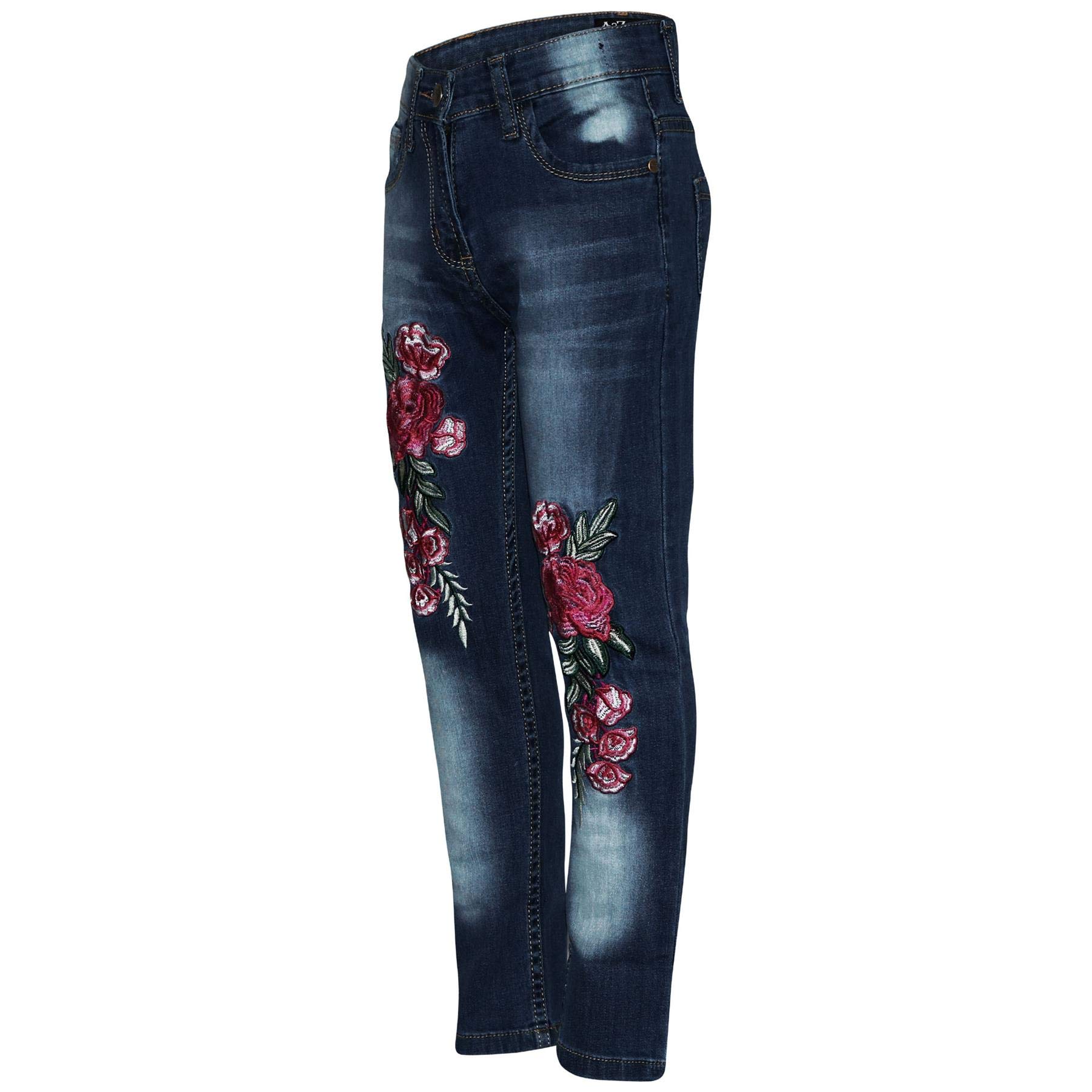 A2Z Kids Girls Stretchy Jeans Designer Rose Embroidered Denim Pants Trousers Jegging