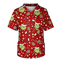 Christmas Scrub Tops for Men 2023 Funny Printed Short Sleeve V-Neck Holiday Shirts with Pockets S-5xl