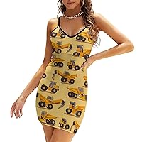 Construction Trucks Women's Spaghetti Strap Dress Sexy Sleeveless V-Neck Dress Mini Bodycon Dresses
