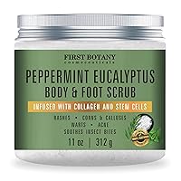 First Botany, 100% Natural Peppermint Eucalyptus Tea Tree Body & Foot Scrub Collagen, Stem cells, Best for Acne, Dandruff Warts, Helps with Corns, Calluses, Athlete foot, Jock Itch & Body Odor, 11 oz