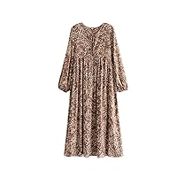 Vintage Chic Women Tassel Leopard Print Beach Bohemian Maxi Dress Ladies Long Sleeve Rayon Boho Dress