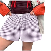 Women's Relaxed Elastic Waist Casual Shorts Quick Dry Athletic Shorts Comfy Pajama Plaid Printed Beach Short Pants
