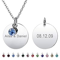 Personalized Round Pendant Engraving Picture/Text for Men Women Custom Birthstone Photo Necklace Stainless Steel Adjustable Chain Lover Relationship Jewelry Gift