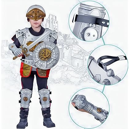 Liberty Imports Medieval Knight in Shining Armor, Kids Pretend Role Play Plastic Toy Costume Dress Up Cosplay with Weapons, Shield, Helmet and Accessories Playset