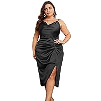 KIMCURVY Women's Plus Size Maxi Satin Spaghetti Strap Cowl Neck Party Cami Ruched Dress for Weding Cocktail Party