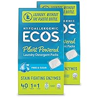 ECOS Laundry Detergent Packs, 80 Loads - 100% Plastic Free Packaging - Convenient No Mess Washing Soap Packs - Hypoallergenic for Sensitive Skin - Free & Clear