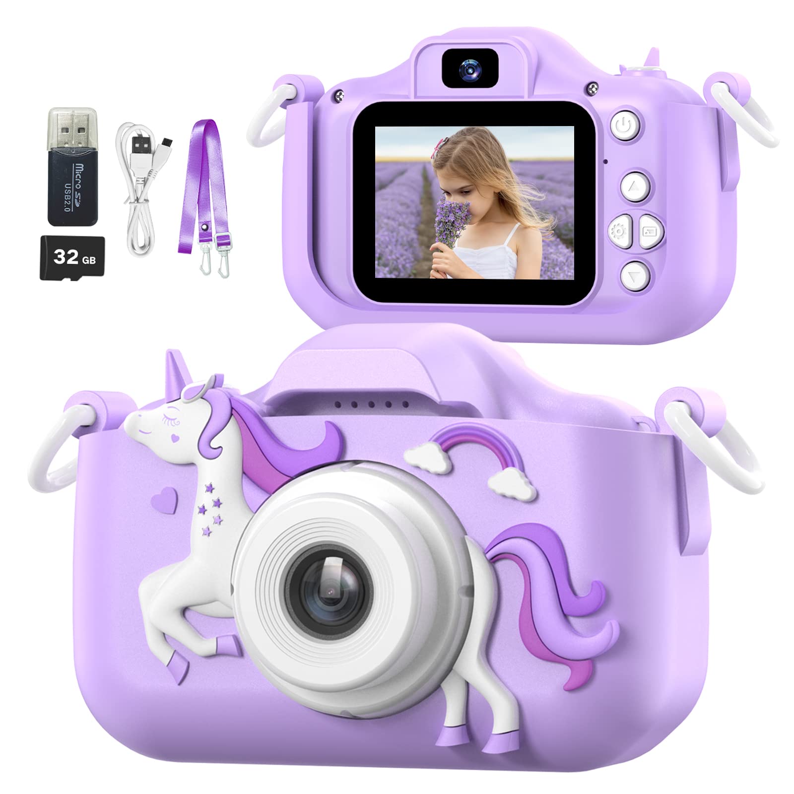 Mgaolo Children's Camera Toys for 3-12 Years Old Kids Boys Girls,HD Digital Video Camera with Protective Silicone Cover,Christmas Birthday Gifts with 32GB SD Card (Unicorn Purple)