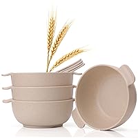 Wheat Straw Bowls with Handles, Wheat Fiber Set of 4 Wheat Fiber Bowls & 4 Spoons, Reusable, Microwave & Dishwasher Safe Wheat Straw Dinnerware, Wheat Cereal Bowl, Camping Bowl