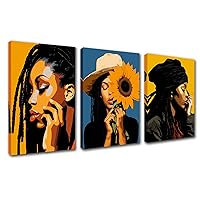 Black Girl Portrait Canvas Wall Art for Living Room Decor 3 Pieces African American with Dreadlocks Oil Paintings Black Afro Women Artwork Decor Room Wall Pictures Kitchen Wall Decor Framed 42x20 Inch