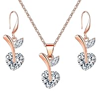 Rose Gold Plated Love Heart Cubic Zirconia Pendant Necklace and Dangle Earrings Leaf Jewelry Set Y568