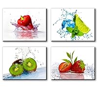 Fruit Wall Art for Kitchen, SZ 4 Piece Set Vivid Fruits and Ice Picture Home Decor, Cool Summer Canvas Prints in Dining Room (Waterproof Artwork, Bracket Mounted Ready Hanging)