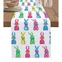 Easter Bunny Table Runner 60 Inches Long for Dining Table, Washable Cotton Linen Farmhouse Table Runners Dresser Scarf for Kitchen Party Holiday Happy Easter Peeps Colorful Rabbits