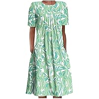 Women's Cocktail Dress Floral Printing Flowy Hem Midi Gown Dresses Short Sleeves Round Neck Pleated Dress Party