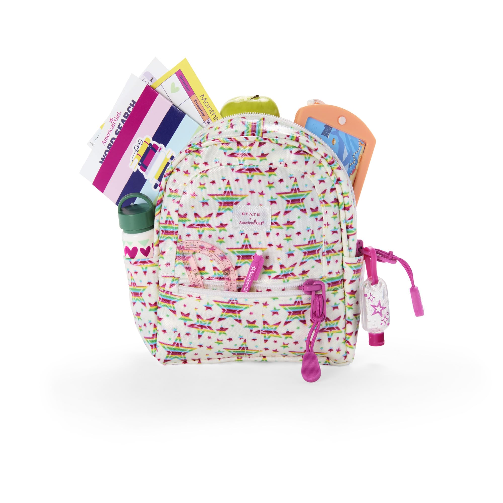 American Girl Truly Me Star Student 8-piece Backpack Set for 18-inch Dolls with rainbow star-print x STATE Bags backpack, padded shoulder straps, school accessories Ages 6+