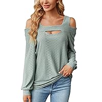 Cold Shoulder Tops for Women, Women's Elegant Design Solid Color Hollow Sexy Loose Long Sleeved T-Shirt, S XXL