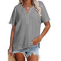 Dokotoo Womens Casual Short Sleeve Waffle Knit V Neck Button Down Shirts Side Slits Loose Tunic Tops Blouses