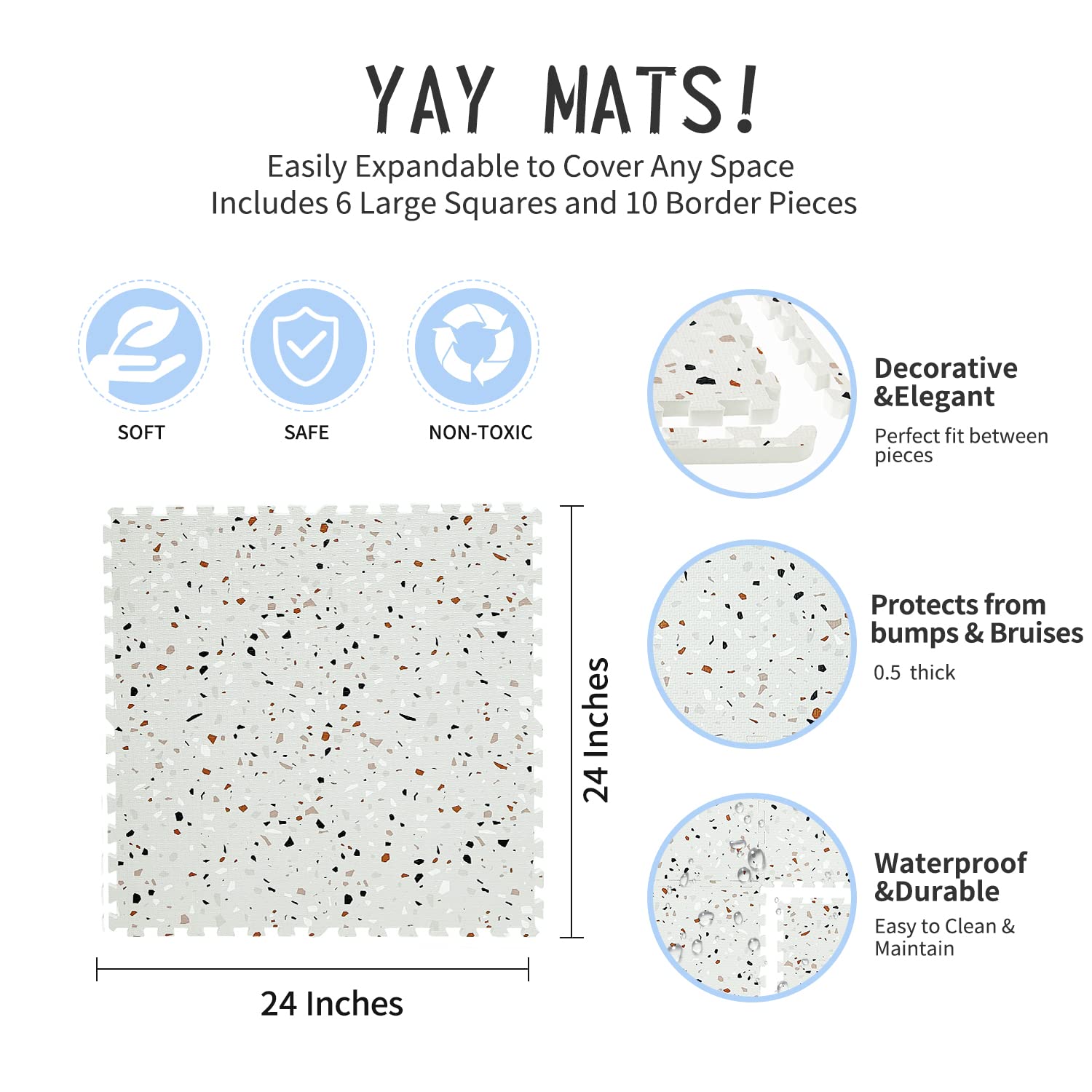 Yay Mats Stylish Extra Large Baby Play Mat. Soft, Thick, Non-Toxic Foam Covers 6 ft x 4 ft. Expandable Tiles with Edges Infants and Kids Playmat Tummy Time Mat