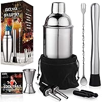 24 oz Cocktail Shaker Bartender Set by Aozita, Stainless Steel Martini Shaker, Mixing Spoon, Muddler, Measuring Jigger, Liquor Pourers with Dust Caps and Manual of Recipes, Professional Bar Tools