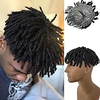 Afro Kinky Twist Crochet Braids Hair Toupee for Black Men African American Human Hair V-looped PU Hairpieces 8x10 inch Hair System #1 Jet Black Color