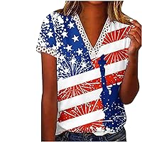 July 4th Women Patriotic T-Shirts Hollow Out Lace Trim Short Sleeve V-Neck T-Shirts Summer American Flag Tee Tops