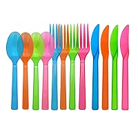 Party Essentials Hard Plastic Cutlery Combo Pack, 144 Pieces/48 Place Settings, Assorted Neon Brights