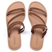 Luoika Women's Wide Width Flat Slides Sandals, Strapy Slide Sandal Slip on Dressy Summer Shoes for Women.