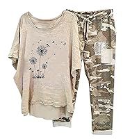 Oversized Cotton Linen Sets for Women Half Sleeve Butterfly Dandelion Tees Comfy Camo Pant Set Tracksuit Outfits