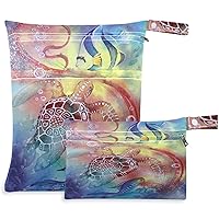 visesunny Turtle and Fish Animal 2Pcs Wet Bag with Zippered Pockets Washable Reusable Roomy for Travel,Beach,Pool,Daycare,Stroller,Diapers,Dirty Gym Clothes, Wet Swimsuits, Toiletries