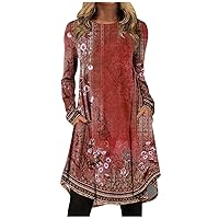 Long Sleeve Dresses for Women Fashion Casual Printed Round Neck Pullover Loose Dress