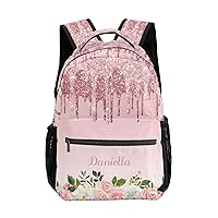 Custom Kid Backpack, Pink Floral Rose Gold Glitter Drips Personalized School Bookbag with Your Own Name, Customization Casual Bookbags for Student Girls Boys