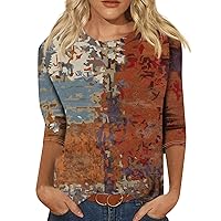 3/4 Length Sleeve Womens Tops, Women's Fashion Casual Vintage Printed Seven Sleeve Round Neck Top