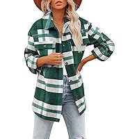 Women's Brushed Plaid Shirts Flannel Lapel Button Down Pocketed Long Sleeve Shacket Jacket Coats,Green,XLarge