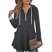 Vivilli Long Hoodie for Women,Ladies Tunic Length Sweatshirts Tops Zippered V-Neck Pullover Hoodies Long Sleeve Tunics to Wear with Leggings Lightweight Loose Fitted Hooded Shirts(Carbon Grey,M)