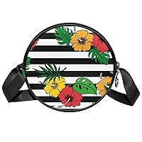 Tropical Floral Leaf Black White Stripe Crossbody Bag for Women Teen Girls Round Canvas Shoulder Bag Purse Tote Handbag Bag