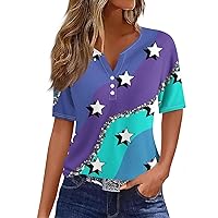 Funny 4Th of July Shirts,Women's Trendy Short Sleeve V-Neck Independence Print Tee Button Daily Basic Regular Top
