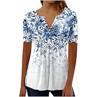 2024 Summer Fashion Womens Tops Vintage Floral Print Cute Graphic Tees Casual Pleated V Neck Tunic Blouse Short Sleeve Tshirt