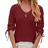 Women's Eyelet Tee Tops Drawstrings Half Sleeve V Neck Tshirts Summer Trendy Hollow Out Solid Dressy Casual Blouses
