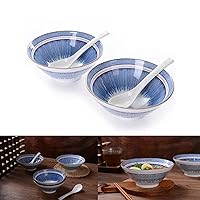 Braque Ceramic Japanese Ramen Bowl, Set of 2, 28.7oz Porcelain Bowls with Spoons – for Ramen, Pho, Udon, Soup, Salad – Asian Rustic Design, Chip Resistant, High Grade Lead & BPA Free - Seamless Blue