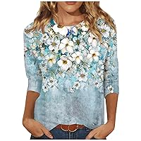 Ladies Tops and Blouses, 3/4 Sleeve Shirts for Women Cute Flowers Print Tees Blouses Casual Plus Size Basic Tops Pullover