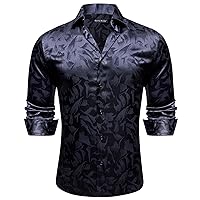 Barry.Wang Men Dress Shirt, Paisley Flower Woven Silk Regular Fit Long Sleeve Button Shirts Formal/Casual Daily