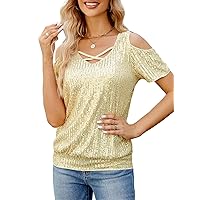 JASAMBAC Women's Sparkle Sequin Tops Shimmer Glitter Loose Cold Shoulder Party Tunic Batwing Dolman Dressy Tops