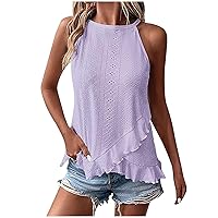 Women Tank Top Sleeveless Eyelet Embroidery Halter Neck Casual Summer Shirts Flowy Ruffle Trim Spaghetti Strap Camisole