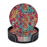 Drink Coasters Set of 6 Leather Coasters with Holder Colorful Leopard Print Flowers Round Coaster for Drinks Tabletop Protection Cup Mat Heat Resistant Coffee Cup Mat 4