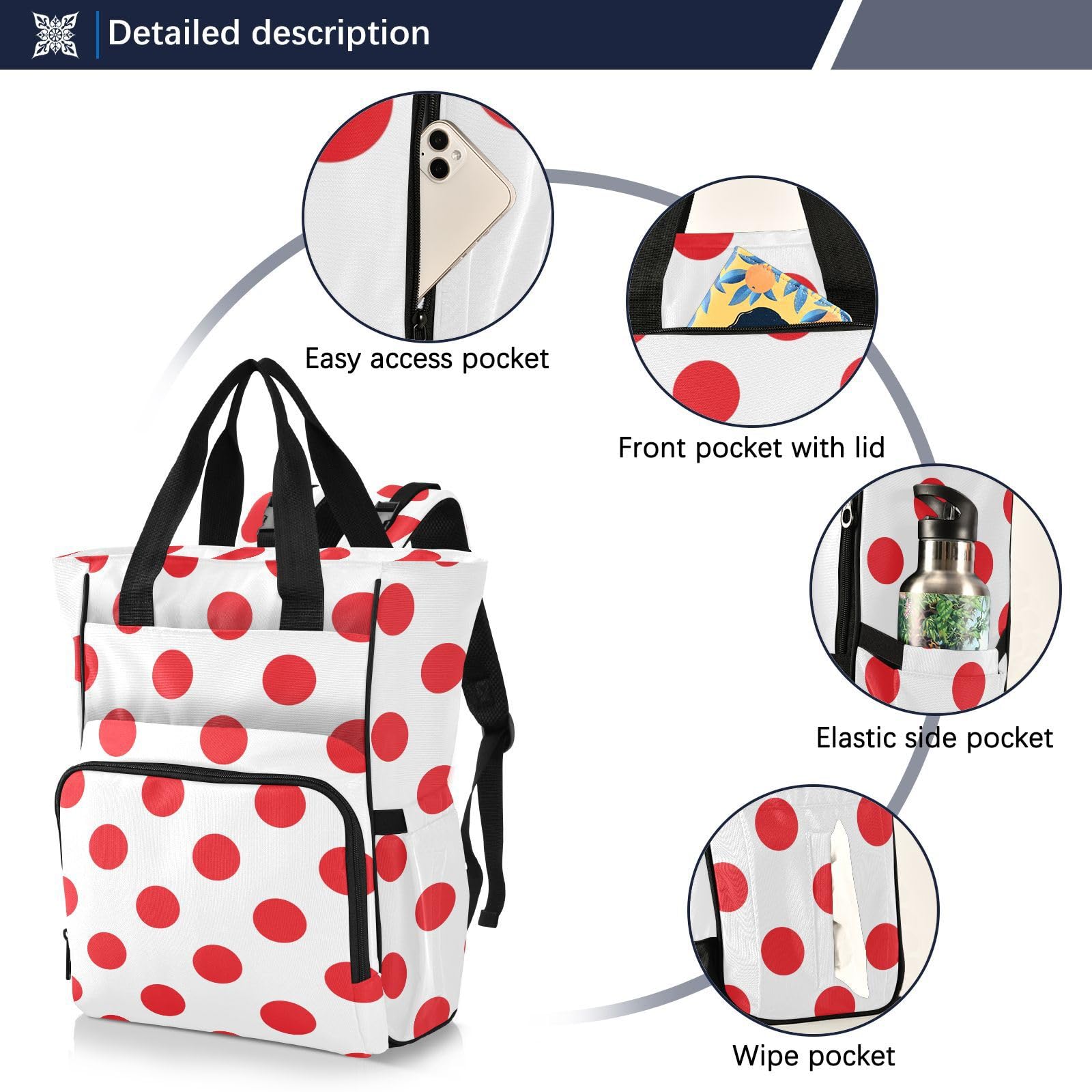 innewgogo Polka Dot Red White Diaper Bag Backpack for Baby Boy Girl Large Capacity Baby Changing Totes with Three Pockets Multifunction Baby Essentials for Playing Shopping Picnicking