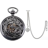 SIBOSUN Mechanical Pocket Watches Mens Lucky Phoenix and Dragon Skeleton Pocket Watch Black Antique Roman Numerals Box with Antique Life Tree Pendant Design Charm Fob T-Bar Chain Silver