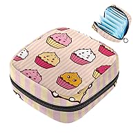 1Pc Portable Sanitary Napkin Storage Bag, Menstrual Cup Pouch, Feminine Care Pads Bag for Girls Women, Tampons First Period Kit, Cartoon Box Cake Pink Yellow Stripes