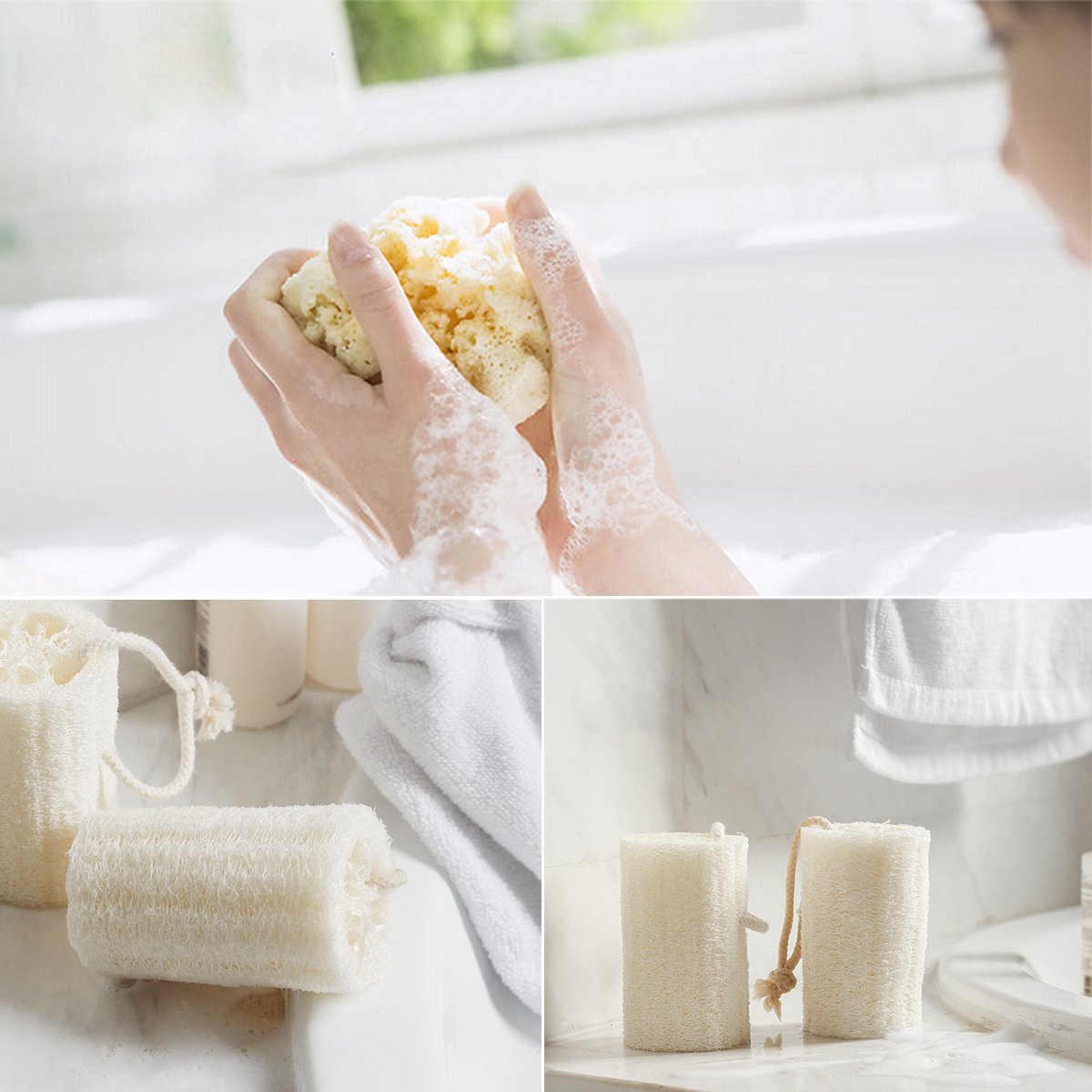 ROSENICE Natural loofah Exfoliating Bath Scrubber Sponge Pack of 2