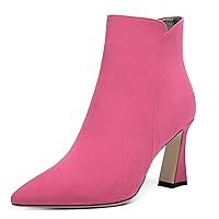 Womens Suede Cold Weather Pointed Toe Zip Solid Spool High Heel Ankle High Boots 3.3 Inch
